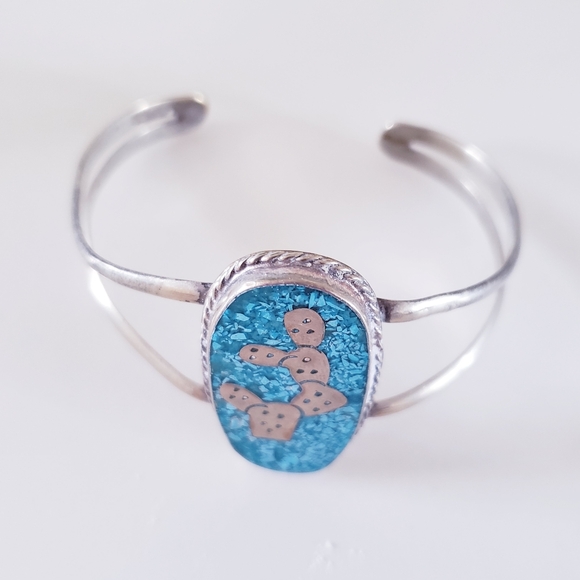 Vintage Navajo Alpaca Mexico & Turquoise Cuff Bangle - Picture 3 of 11